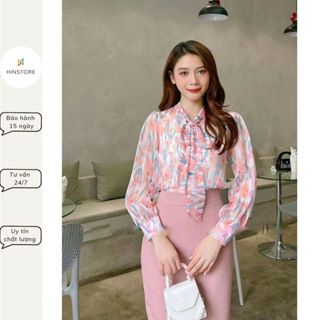  Áo sơ mi công sở HINSTORE áo kiểu công sở tơ hoa cổ nơ dài tay hàng 2 lớp 201 