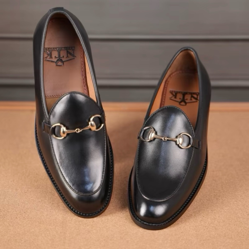 Giày da nam Horsebit Loafer màu đen Đế gỗ phíp cao cấp