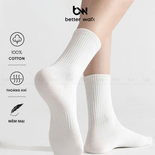[SET 5 ĐÔI] Tất Vớ Nam Nữ Cổ Cao Trơn Màu Trắng Đen BETTER WALK Cotton Thoáng Khí Dày Dặn Êm Ái Khử Mùi Hôi - TG/S5
