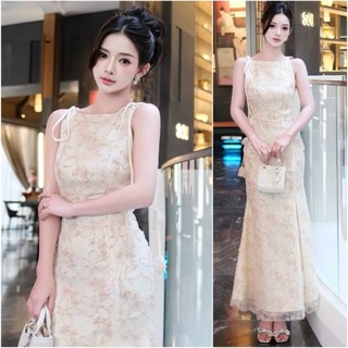 Đầm Ren Tiểu Thư Dáng Dài Buộc Nơ Vai Họa Tiết Hoa Nổi