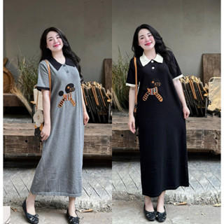 Váy len suông cổ polo dáng dài thêu hình gấu dễ thương nữ tính - PETBYCHANG