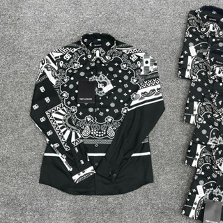 Áo sơ mi đen nam dài tay PB lụa nến in hoạ tiết hoa văn trái tim Đôn Chề monogram hai mặt boy phố