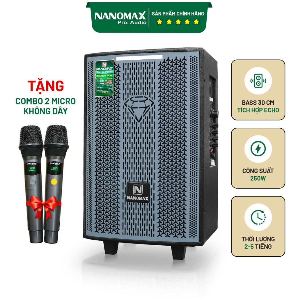 Loa Kéo Karaoke Mini Nanomax A-12 Bass 30cm Công Suất 250W Có Đọc USB Thẻ Nhớ