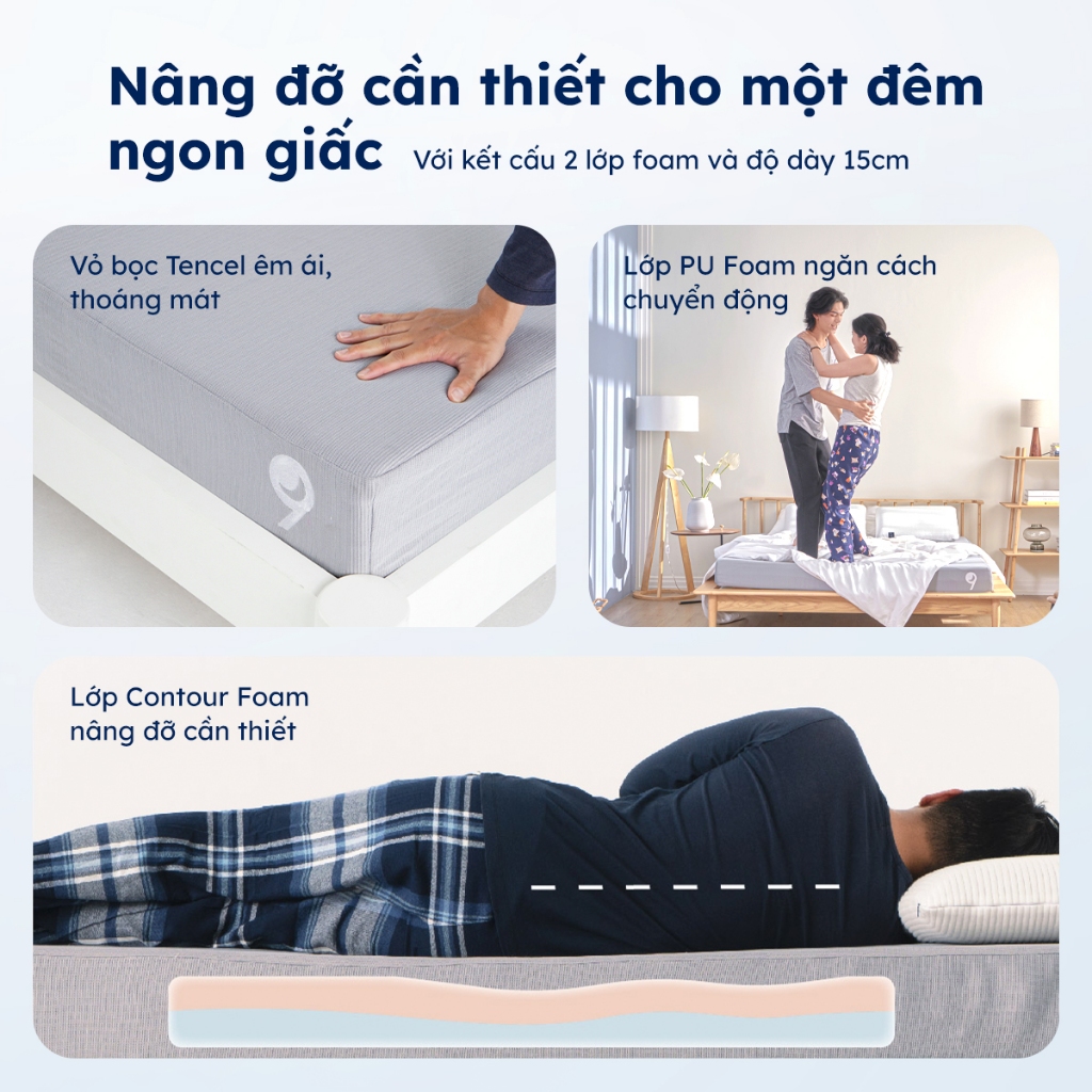 Nệm Foam Nest Ru9 15cm | Ngăn Cách Chuyển Động | 2 Lớp Foam Nâng Đỡ Vững Chắc | Đủ Kích Thước | BigBuy360 - bigbuy360.vn