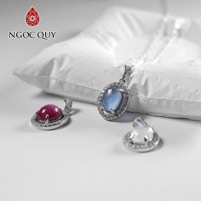 Dây chuyền S925 mặt oval đính đá thiên nhiên 14x12mm - Ngọc Quý