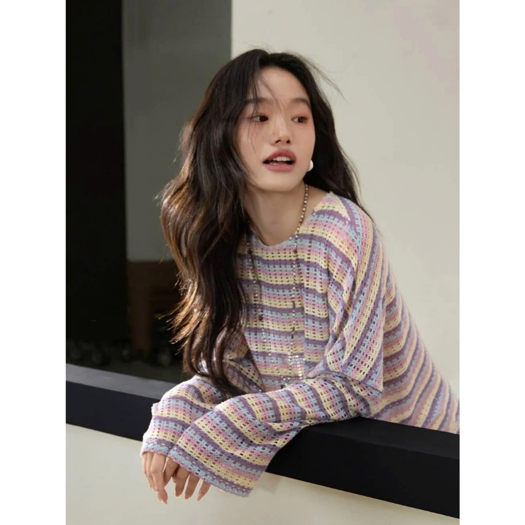 [SẴN] Áo len dệt kim hoạ tiết kẻ cover Kuose