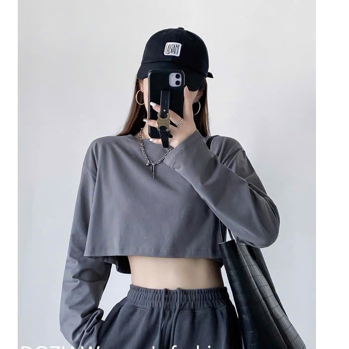 ÁO THUN CROPTOP TAY DÀI TRƠN FORM RỘNG CHẤT COTTON DỄ PHỐI ĐỒ