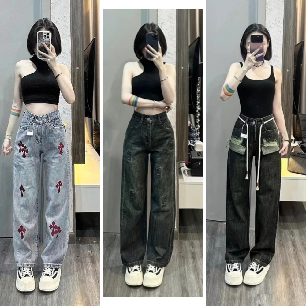 Quần jean nữ ống suông MELINA quần jean thêu basic cạp cao màu đen ánh rêu xanh đen size S M L SPG7