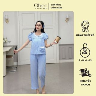  Đồ bộ mặc nhà DAK006 quần dài 8 tấc vải thô kẻ caro nhí cổ tròn phối ren Obee Homewear - Alina 