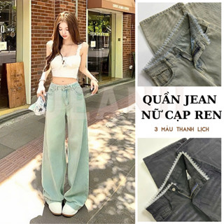 Quần Jeans Nữ Ống Rộng Cạp Phối Ren Màu Xanh Bạc Ánh Rêu, Đen Wash – Quần Bò Nữ Basic Hack Dáng, Chất Jeans Mềm