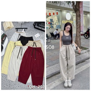 Quần Baggy Nữ Vải Kaki Gió Lụa Mềm Mát Không Nhăn Cạp Chun Phối Màu Lưng Cao Có Dây Rút MA109
