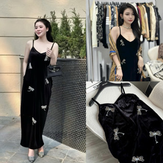 Váy Nhung 2Dây Đính Đá Chuồn Chuồn Maxi Dáng Dài Mặc Tiệc Đi Chơi Sang Chảnh