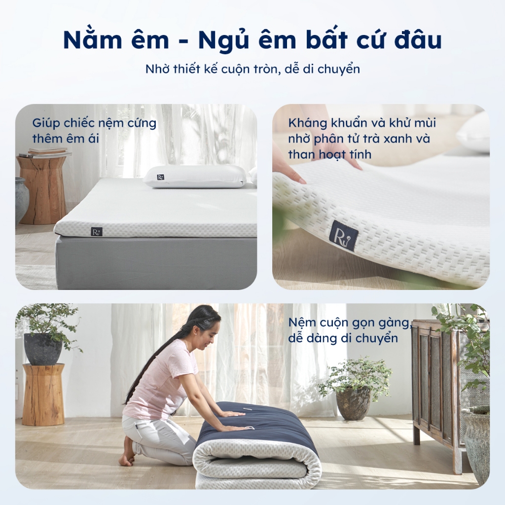 Topper Flow Ru9 Cao Cấp 5cm | Topper Foam | 2 Lớp Foam Êm Ái Nâng Đỡ | Dễ Dàng Cuộn Gọn | Tặng Túi Đựng Tiện Lợi | BigBuy360 - bigbuy360.vn