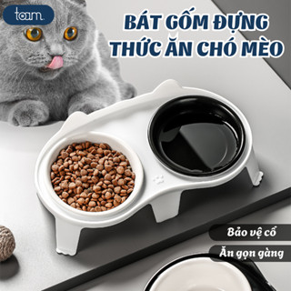 Bát Ăn Đôi, Chén Ăn Gốm Sứ Chống Gù Cho Chó Mèo Nghiêng 15 Độ Bảo Vệ Cổ, Khay Đựng Thức Ăn Thú Cưng
