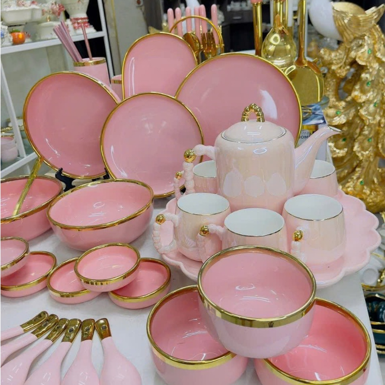 Combo Bộ Bát, Ấm Chén Màu Hồng – Bộ Bát màu hồng, ấm chén hồng, Đồ Decor Nhà Bếp Màu Hồng Bằng Sứ