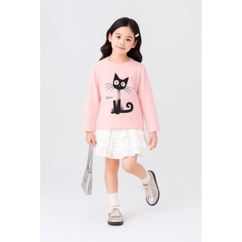 Áo phông dài tay bé gái JANESHOP hình mèo đính ngọc trai, Áo thun dài tay cho bé gái 9-18kg