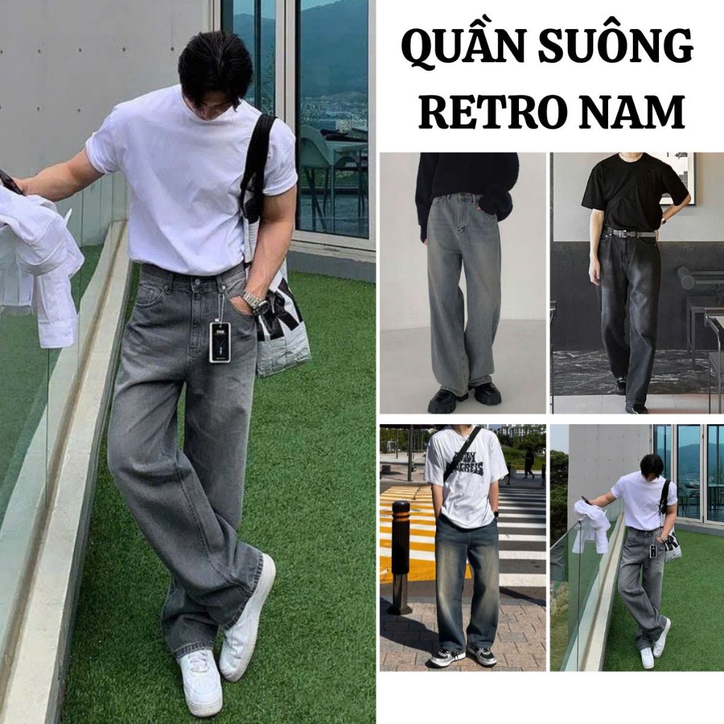Quần Jean Nam  FABUMAN Ống Rộng Cạp Cao Màu RETRO Phong Cách Hàn Quốc Vải BÒ Dày Dặn Màu Đen Xám