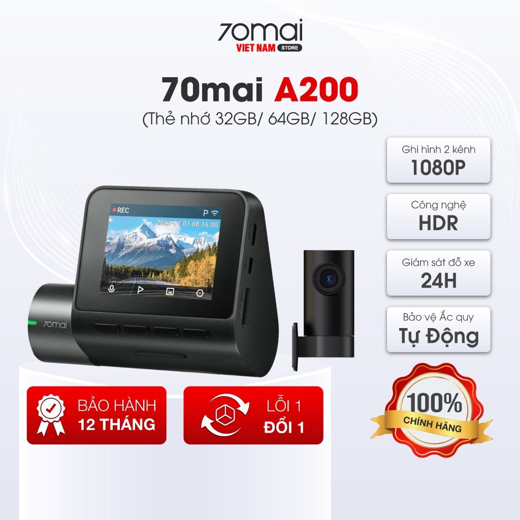  Camera hành trình ô tô 70mai A200 HDR 1080P ghi hình trước sau sắc nét giám sát đỗ xe 24h an toàn - Bản Quốc Tế 