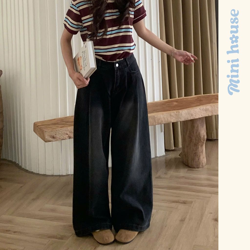 𝐌𝐢𝐧𝐢 𝐇𝐨𝐮𝐬𝐞 - Quần ống rộng eo nhúm đen nhám