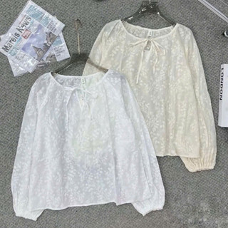 Áo Babydoll Nữ MYRA Cổ V Buộc Nơ – Tay Bồng Dáng Xòe, Chất Ren Thô Boil Mát Mịn Ola