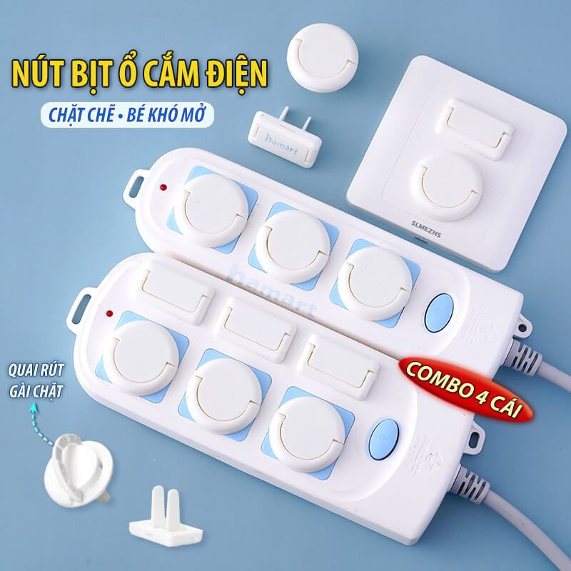 SET 4 Nút Bịt Ổ Điện Chống Giật An Toàn Cho Bé Có Quai Rút Đầu Nắp Che Bảo Vệ Ổ Cắm Tiện Lợi