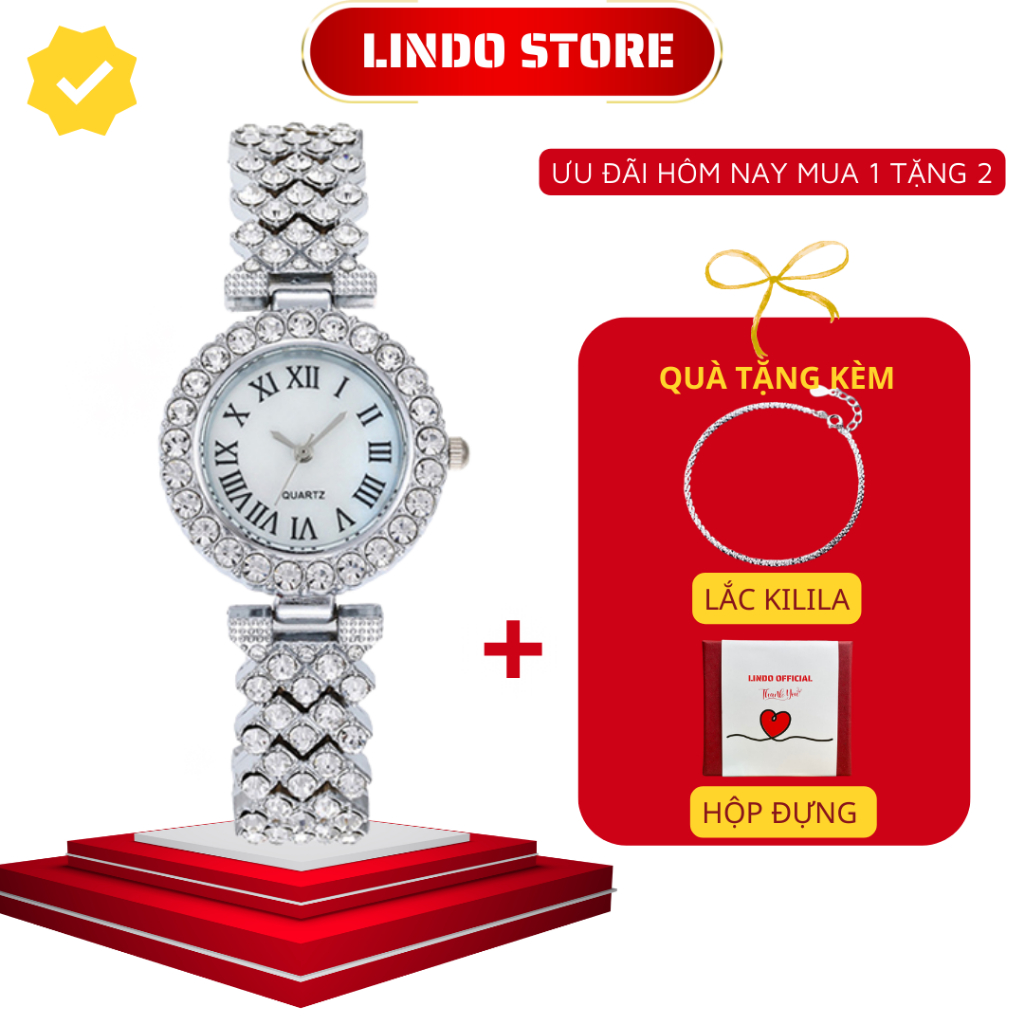 [TẶNG LẮC TAY] Đồng hồ nữ đính đá dây kim loại thời trang CINLA NTD25 mặt tròn cao cấp chính hãng, chống nước 3ATM