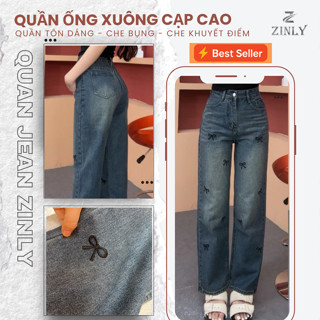 Quần Jean Nữ Ống Suông Cạp Cao Thêu Nơ Màu Đậm Q301