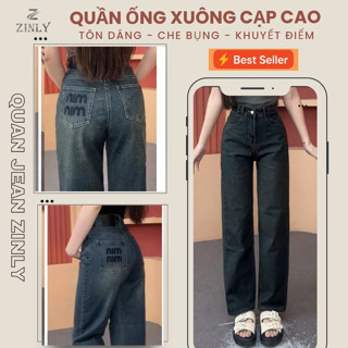Quần Jean Nữ Ống Suông Cạp Cao ZINLY Thêu Chữ Min Màu Đậm Dáng Rộng Chất Cotton Không Co Giãn Q317