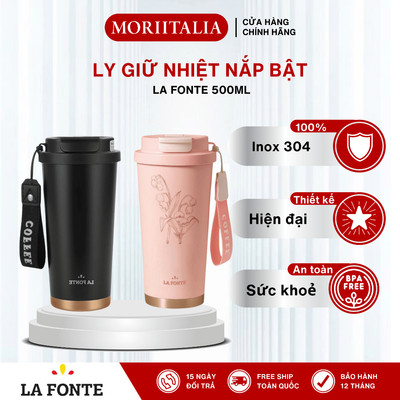 Ly Giữ Nhiệt Inox Nắp Bật Chống Tràn La Fonte 500ml, In Họa Tiết - Có Dây, Màu Hồng Nhạt,Đen