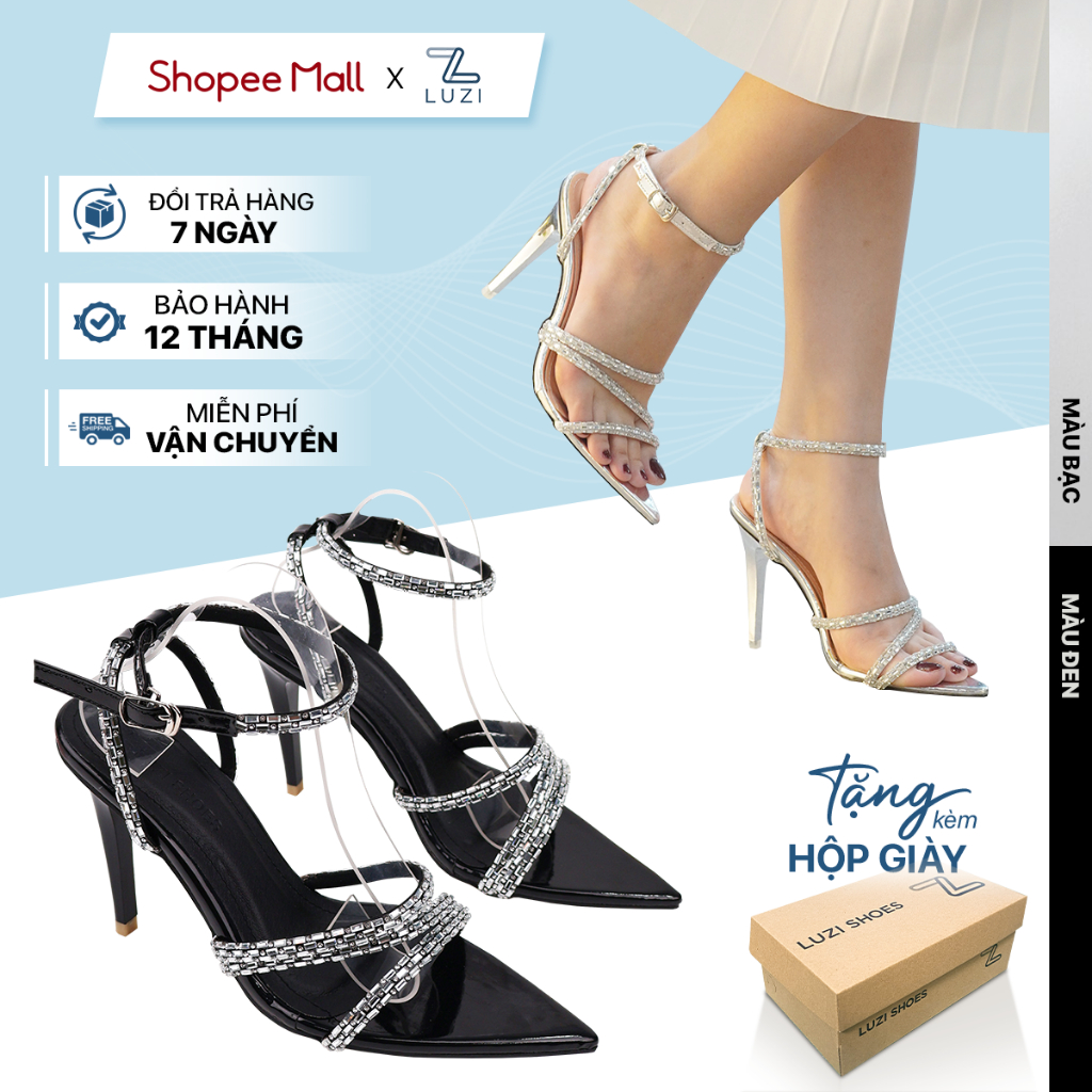 Giày cao gót nữ LUZI cao 10cm đi tiệc sang trọng, Sandal quai đá gót nhọn 2 màu đen và bạc  M145