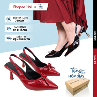  Giày sục nữ mũi nhọn thắt nơ màu đỏ đô và màu đen đi tiệc đi chơi tết hở gót cao 7p da bóng M187 