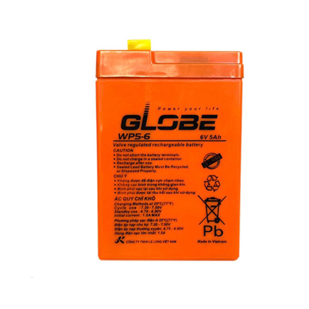 Ắc Quy Globe WP5-6 (6V-5Ah), Ắc Quy Quạt Sạc, Đèn Sạc, Đèn PCCC,…
