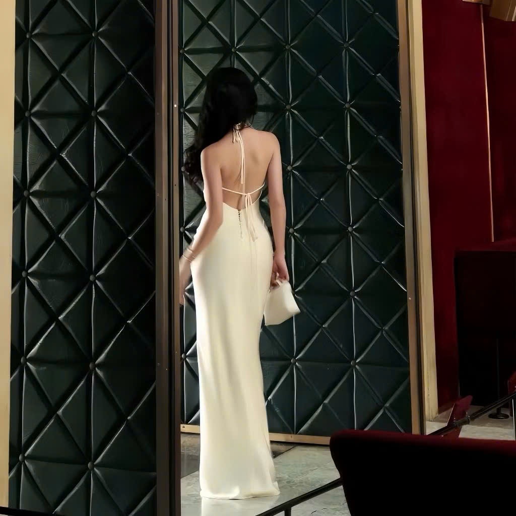 A746 - Đầm Lụa Cổ Yếm Xếp Ly Hở Lưng Dáng Dài , Đầm Lụa Cổ Yếm Phối Nút Sang Chảnh Đi Tiệc