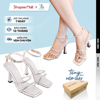  Giày cao gót nữ đế trụ vuông cao 9p Sandal nữ mũi vuông quai ngang mảnh đính đá sang trọng M194 
