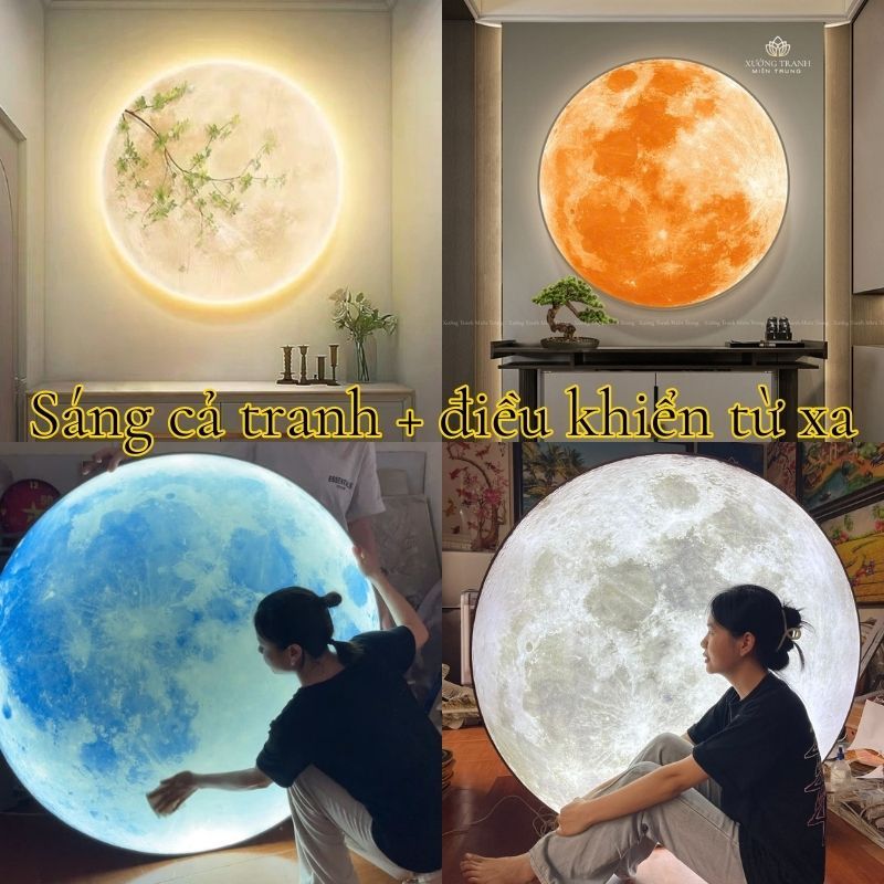 Đèn Mặt Trăng sáng cả Tranh trang trí Trung Thu có đèn LED hình thật decor quán cà phê nhà cửa