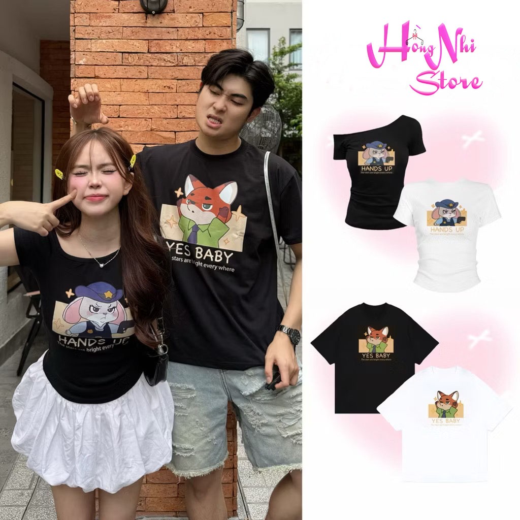  Áo Thun Cặp Baby Tee Thun Tay Lỡ Thỏ Cáo Zootopia: Judy & Nick Form Rộng -  MM Hồng Nhi Store 