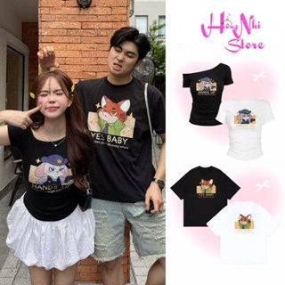 Áo Thun Cặp Baby Tee Thun Tay Lỡ Thỏ Cáo Zootopia: Judy & Nick Form Rộng -  MM Hồng Nhi Store