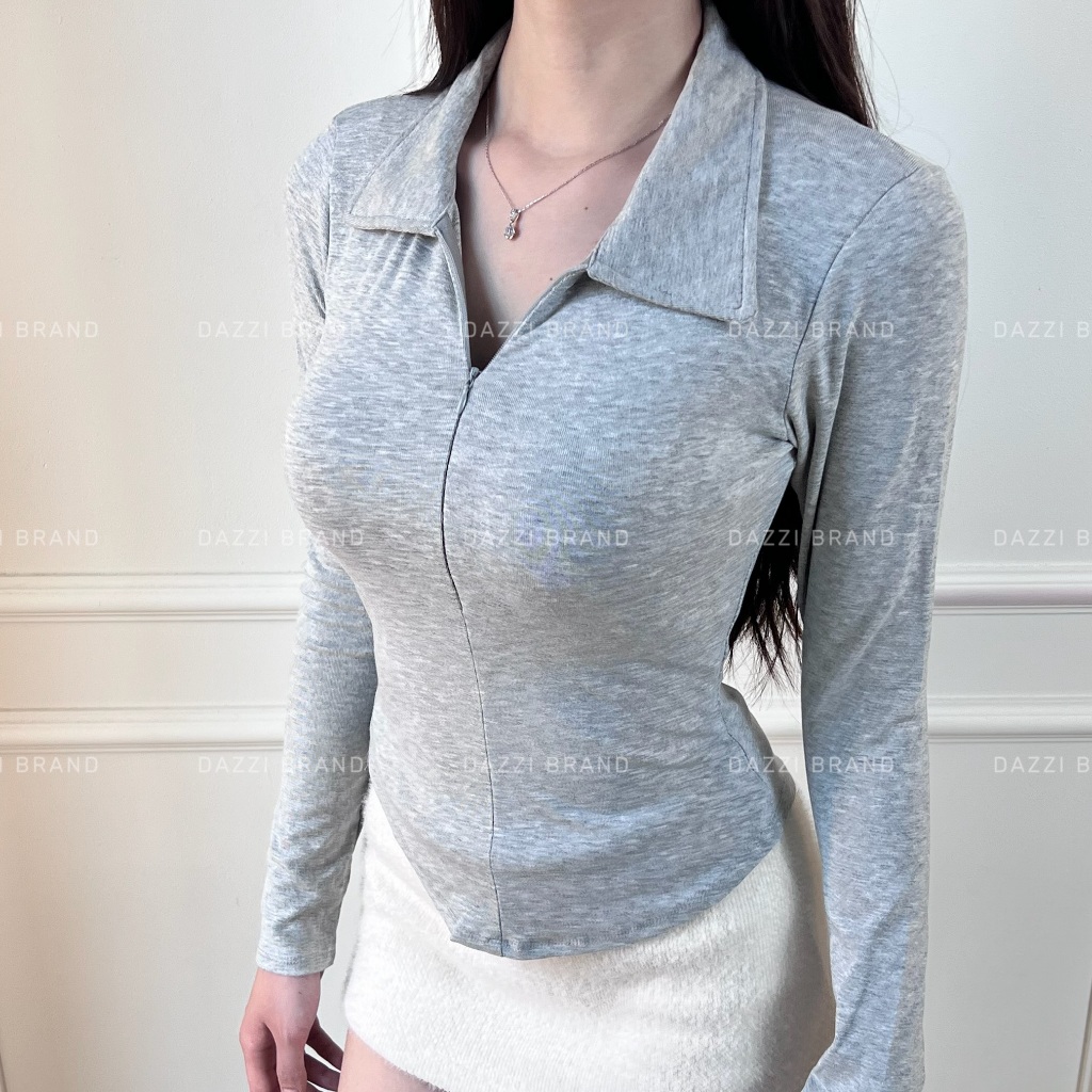 Áo thun nữ cổ bẻ tay dài phối dây kéo ôm dáng vạt bầu vải cotton mịn DAZZI Polo Women TD022 | BigBuy360 - bigbuy360.vn