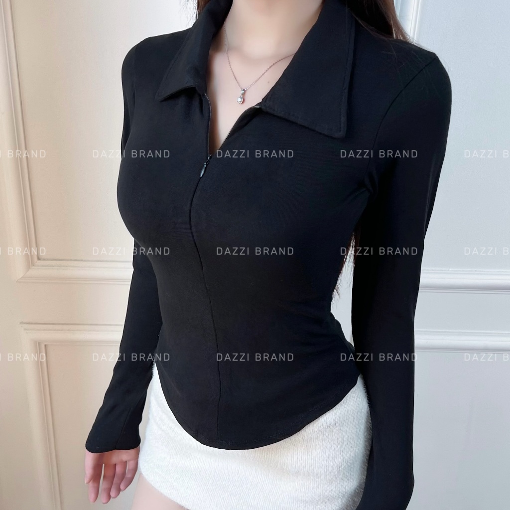 Áo thun nữ cổ bẻ tay dài phối dây kéo ôm dáng vạt bầu vải cotton mịn DAZZI Polo Women TD022 | BigBuy360 - bigbuy360.vn