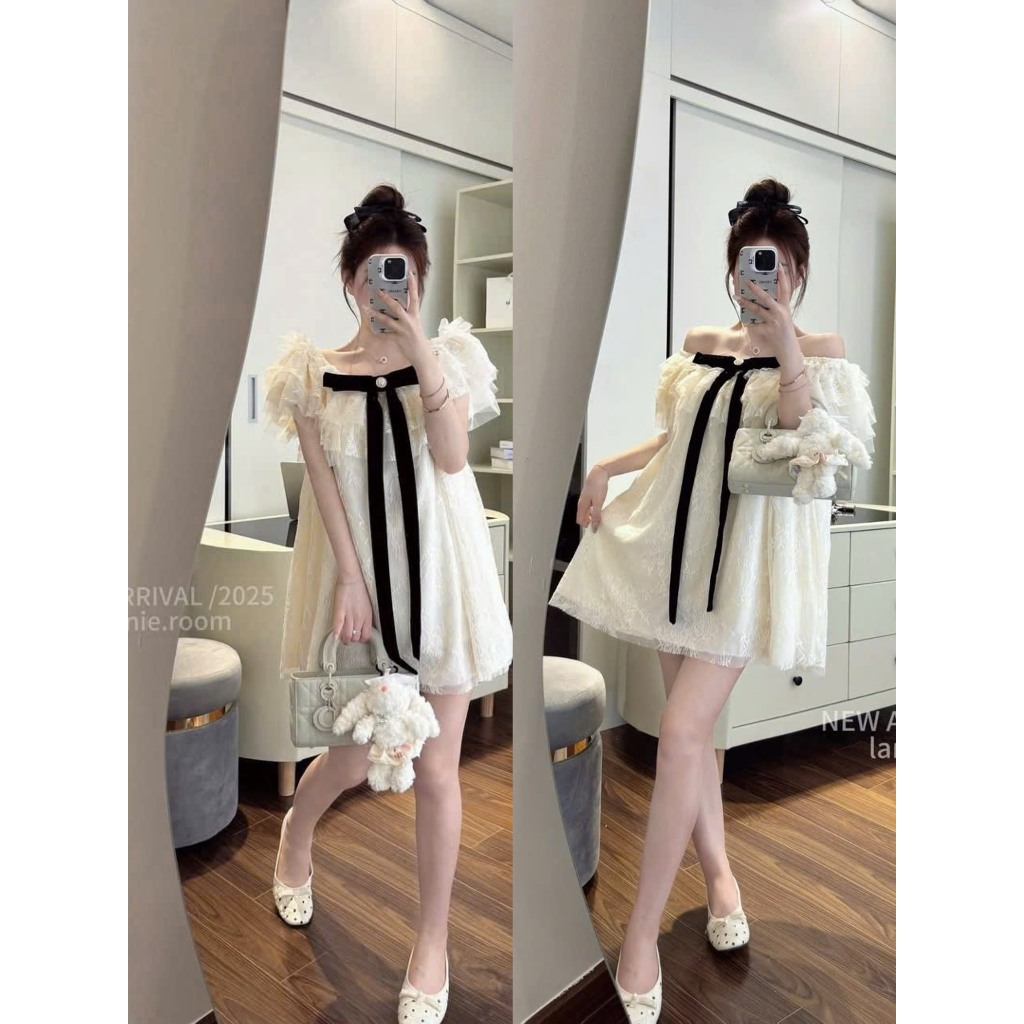  LYN- LANNIE TRỄ VAI LƯỚI TRẮNG KEM ĐINH NƠ ĐEN DÀI SANG CHẢNH VÁY TRỄ VAI TIỂU THƯ 