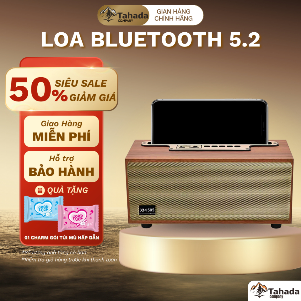 Loa bluetooth XM-505 vỏ gỗ vintage, tích hợp giá đỡ, thiết kế phong cách cổ điển sang trọng