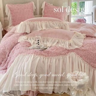 (ảnh thật cuối) Bộ Ga Trải Giường Nỉ Nhung Thêu Nơ Dịu Dàng Phong Cách Công Chúa