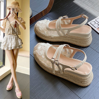 Giày Sandal ren nữ xuồng mũi tròn đế cói quai ngang đệm mút sang chảnh - Tiệm Giày Bảo Ly