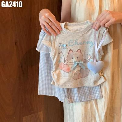 Set Đồ Bộ Áo Thun Tay Ngắn Cún Quần Dài Caro Cho Bé Gái 1-8 Tuổi MINTSCLOSET Quảng Châu - GA2411