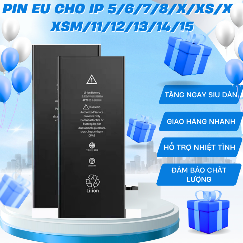 P.IN EU CHO IP 5G/5S/5SE/6G/6P/6S/6SP/7G/7P/8G/8P/X/XS/XSMAX/XR/11/12/13/14/15 Bảo hành 3 tháng