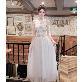  Đầm đi dự tiệc váy dự tiệc cổ yếm ren hoa phối chân váy lưới xòe dài sang trọng thiết kế tiểu thư sang chảnh LEVAN Rose 