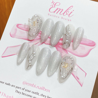  Nail Box thạch trắng mix mắt mèo kim cương charm m Embi.nailbox E001 