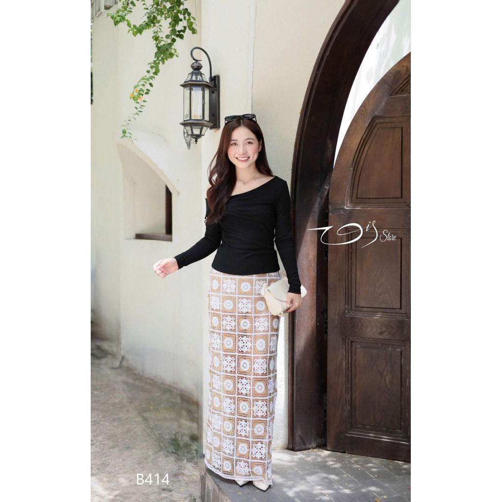 Vis Store - Chân váy ren hoa dáng dài 2 lớp vintage