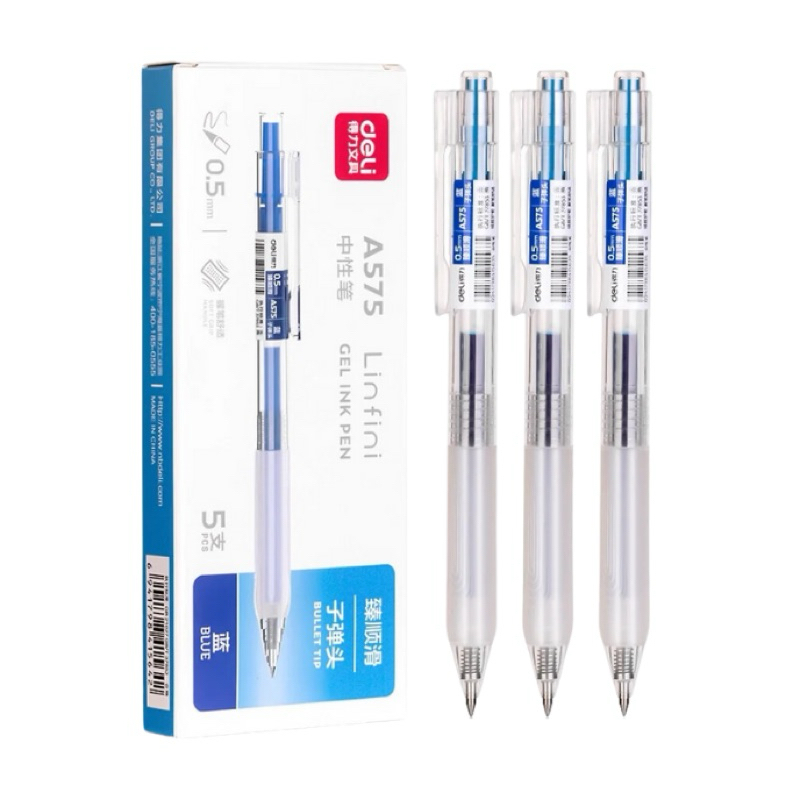 Combo 5 Bút Gel Bấm Deli G575-Màu Xanh/Đen 0.5mm - Hàng Deli chính hãng - LT BookStore