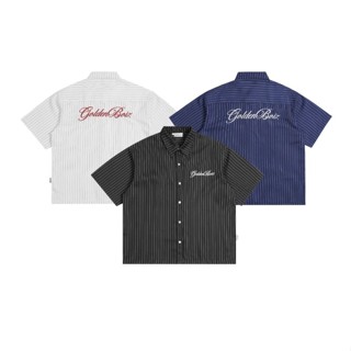  Áo Sơ Mi Form Boxy kẻ sọc nút bấm thêu chữ Golden Boiz 3 màu basic form rộng phong cách trẻ trung năng động 